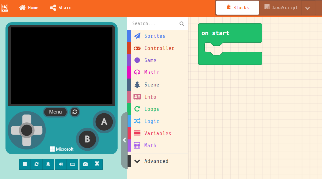 Screenshot of the editor - emulator on the left, the menu in the middle, your code on the right